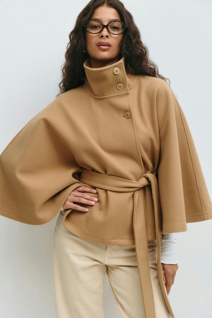 Belted High Collar Cape Sleeve Coat For Women
