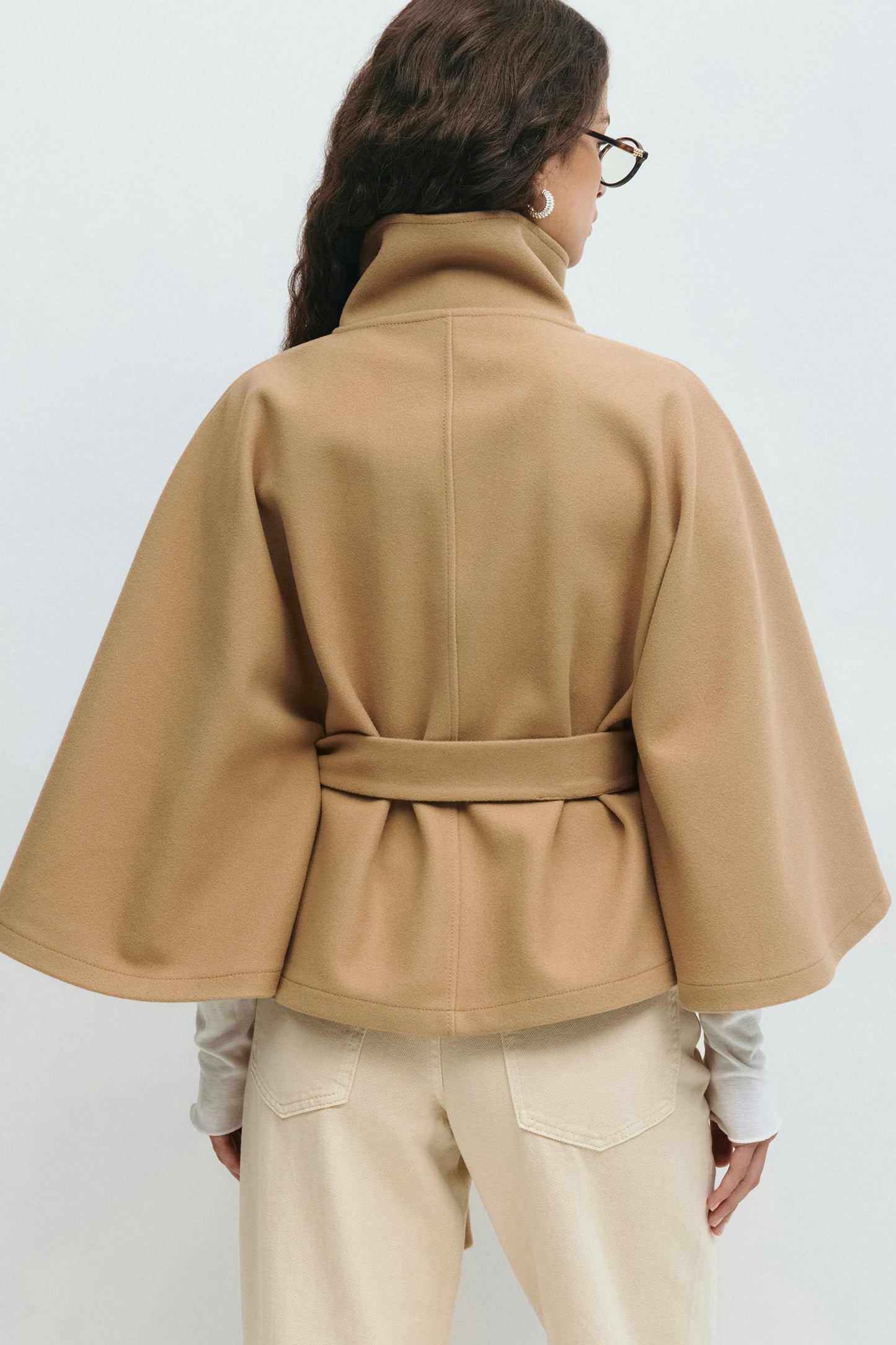 Belted High Collar Cape Sleeve Coat For Women