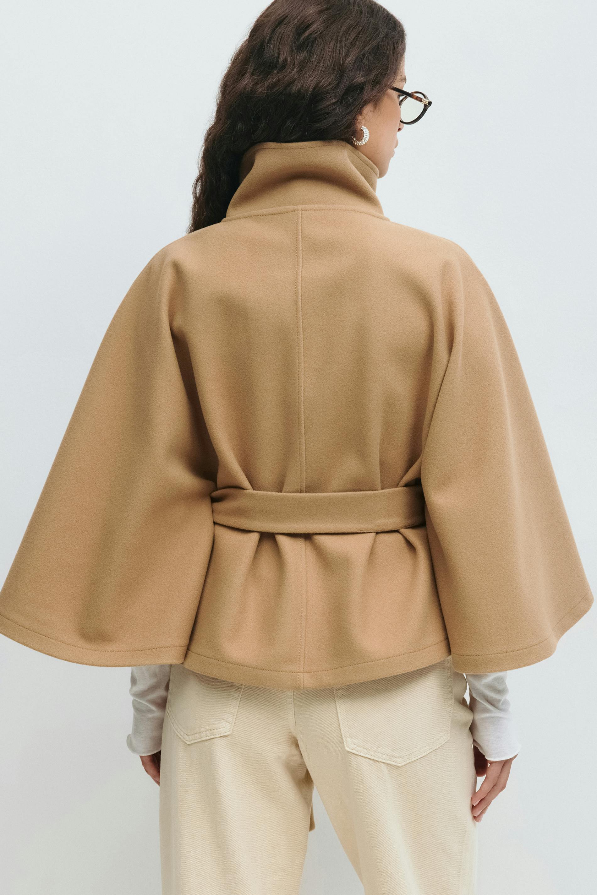 Belted High Collar Cape Sleeve Coat For Women