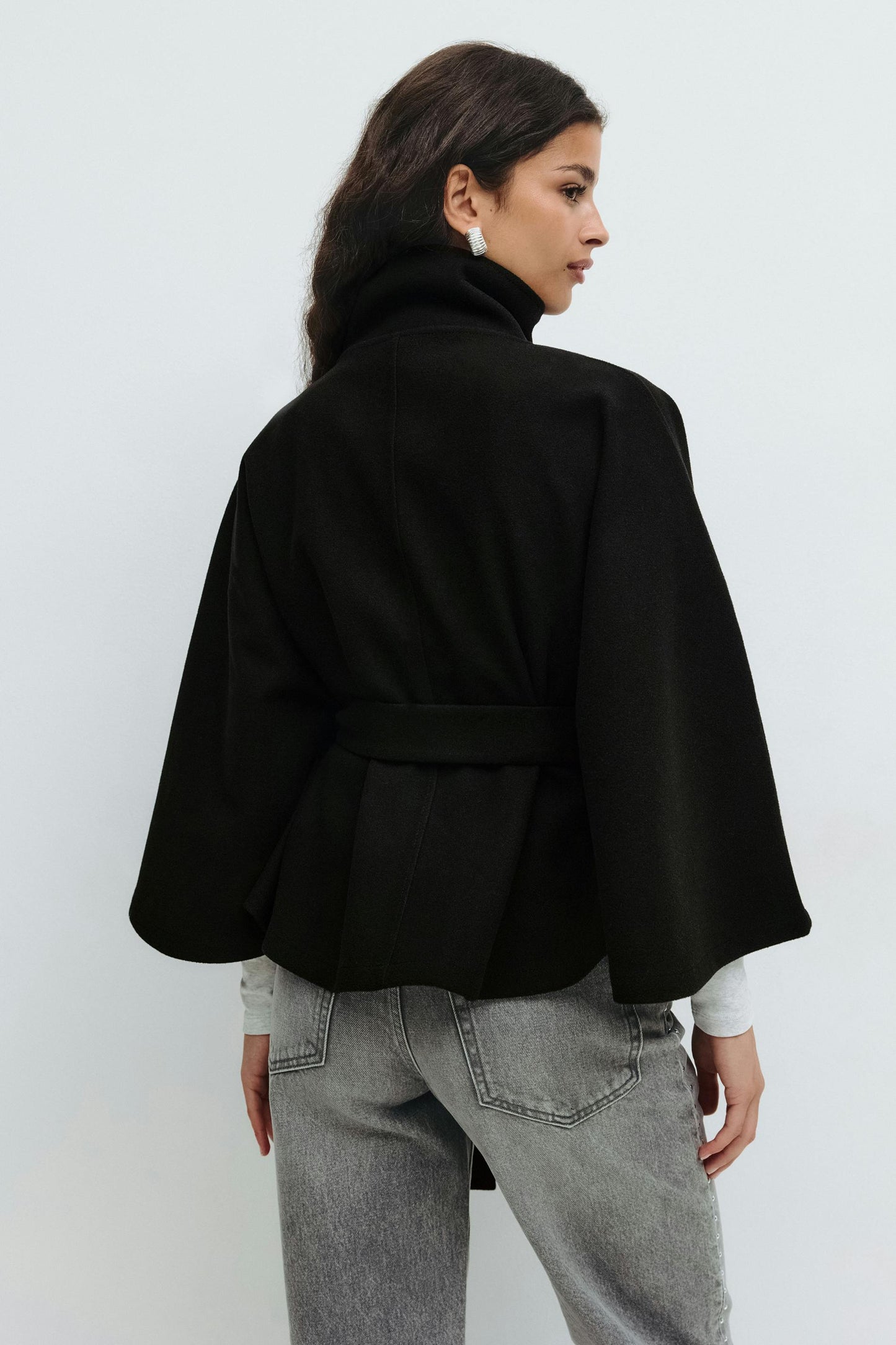 Belted High Collar Cape Sleeve Coat For Women