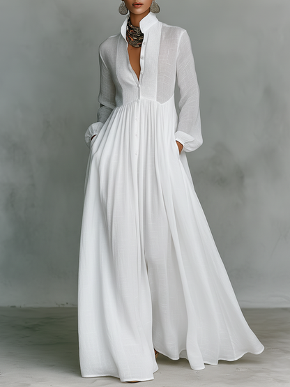 Pleated Pintuck Button Front Maxi Dress