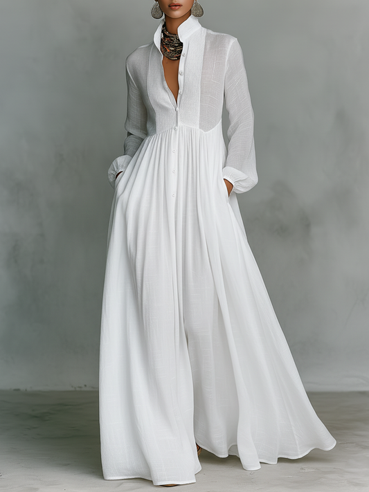Pleated Pintuck Button Front Maxi Dress