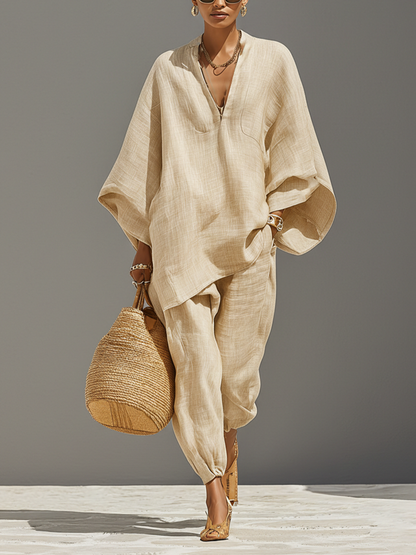 Loose Oversized Notched Wide Tapered Gathered Set