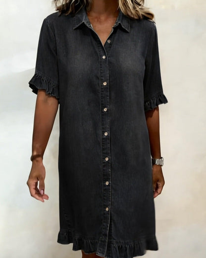 Short Sleeve Collared Button Front Ruffle Hem Dress