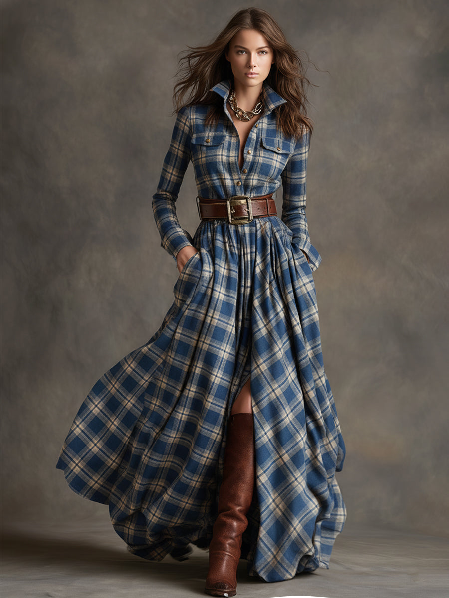 Collared Long Sleeved Plaid Pocketed Maxi Dress