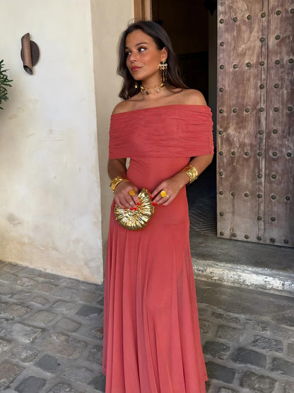 Off Shoulder Ruched Foldover Maxi Dress