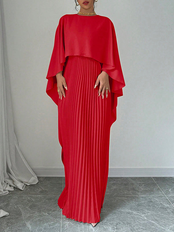 Cape Layered Pleated Round High Maxi Dress