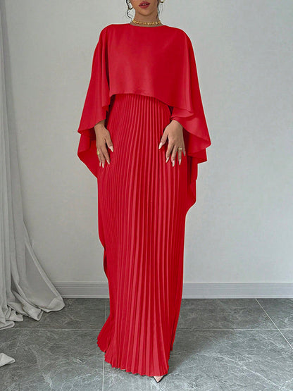 Cape Layered Pleated Round High Maxi Dress