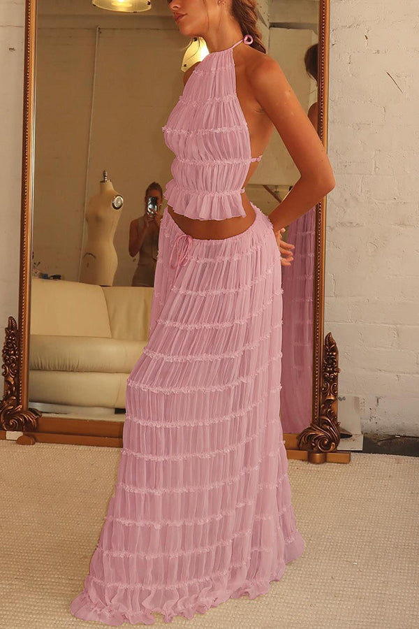 Drawstring Waist Layered Chiffon Set
