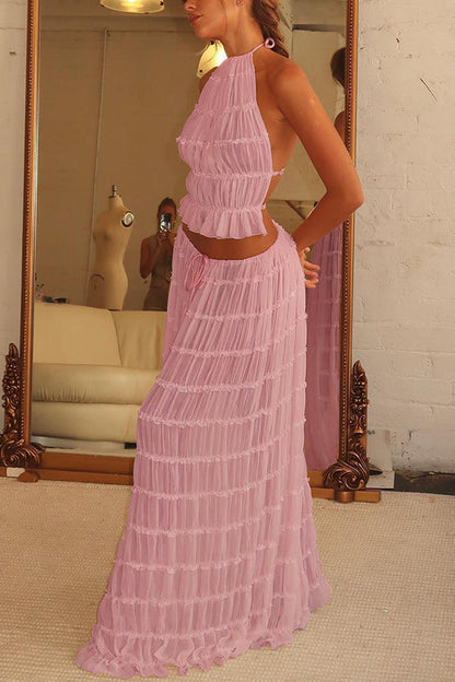 Drawstring Waist Layered Chiffon Set