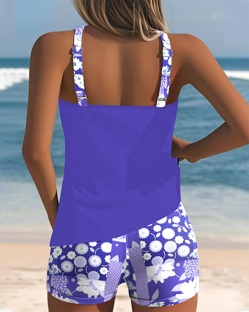 Sleeveless Floral Printed Dotted Round Fitted Swimwear