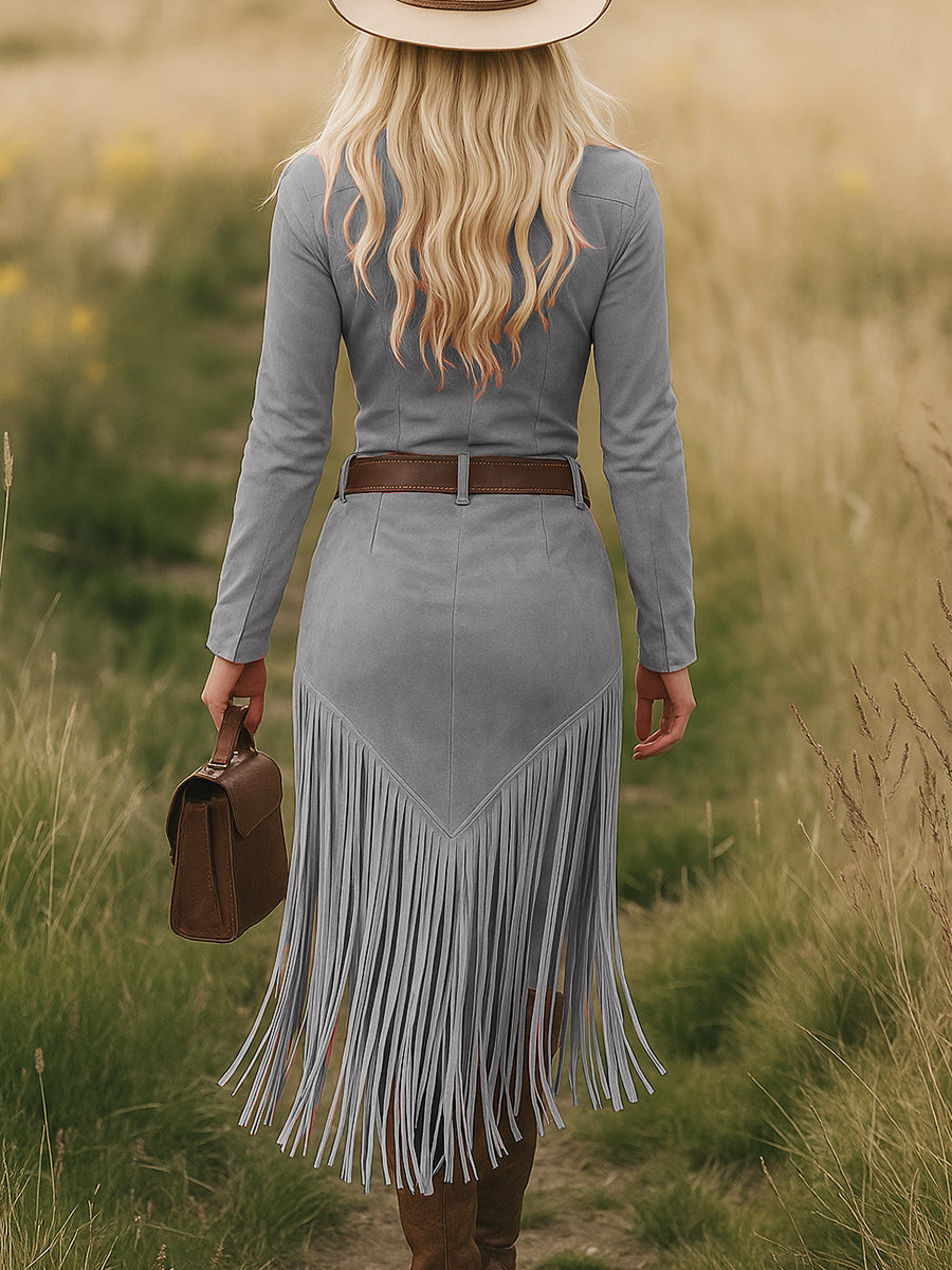 Zippered Pocketed Fringed Fitted Asymmetric Dress