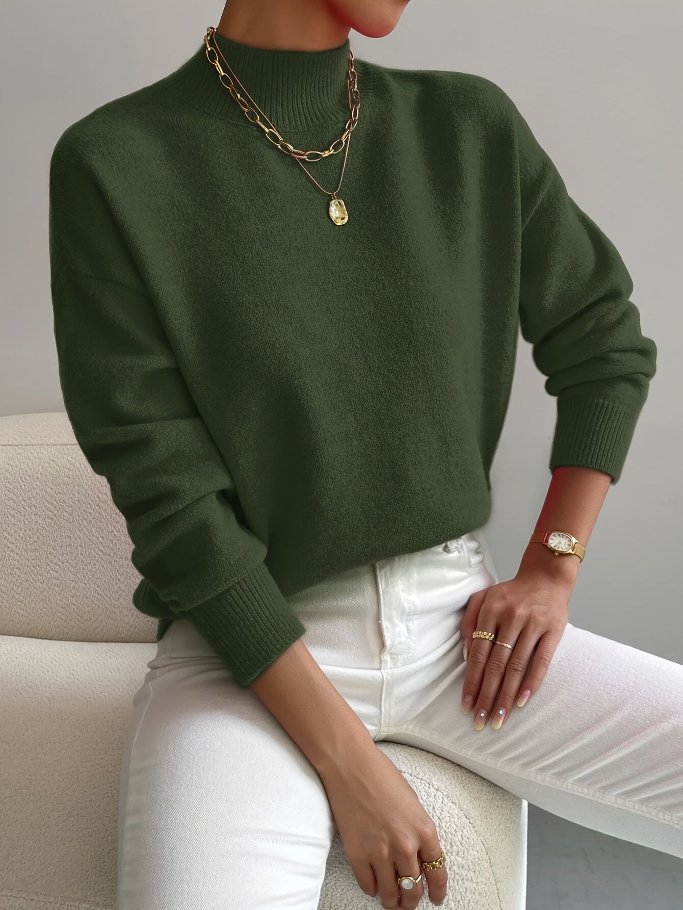 Mock Neck Long Sleeve Relaxed Fit Sweater For Women