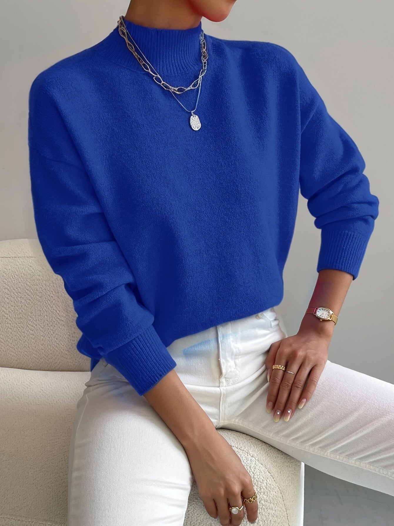 Mock Neck Long Sleeve Relaxed Fit Sweater For Women