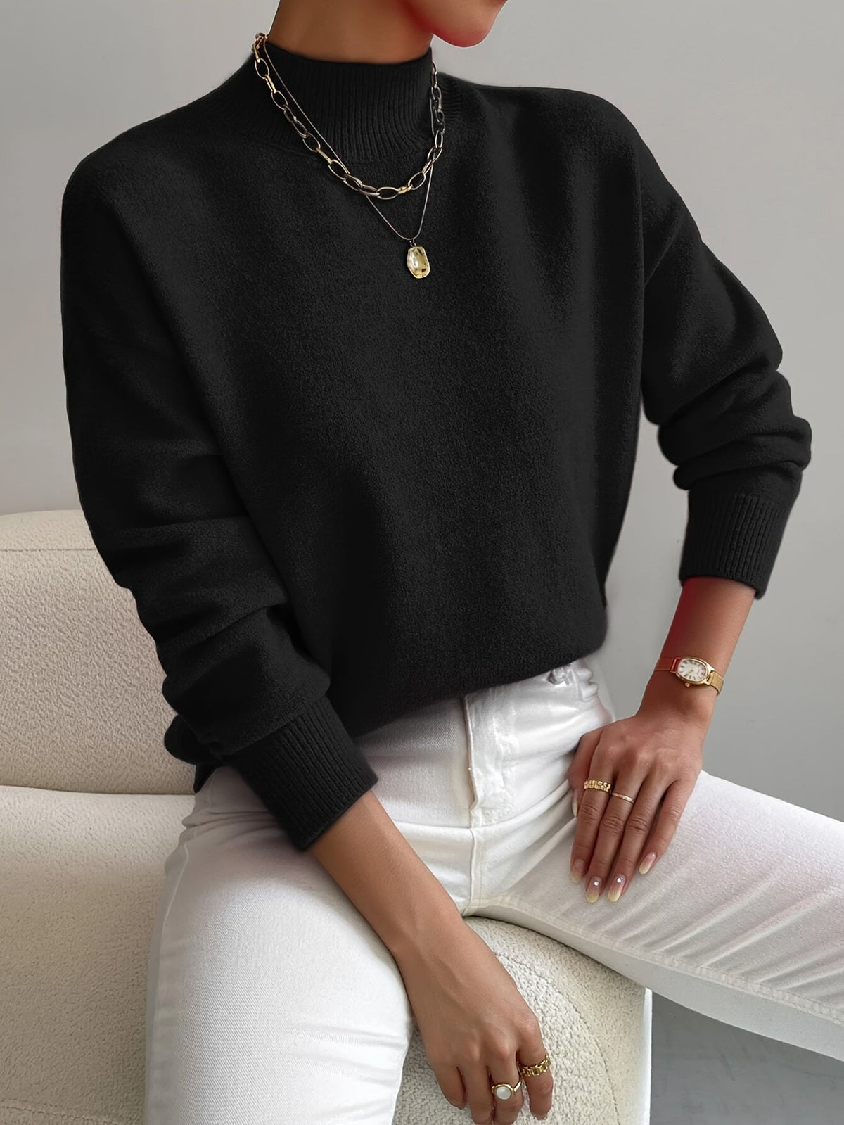 Mock Neck Long Sleeve Relaxed Fit Sweater For Women