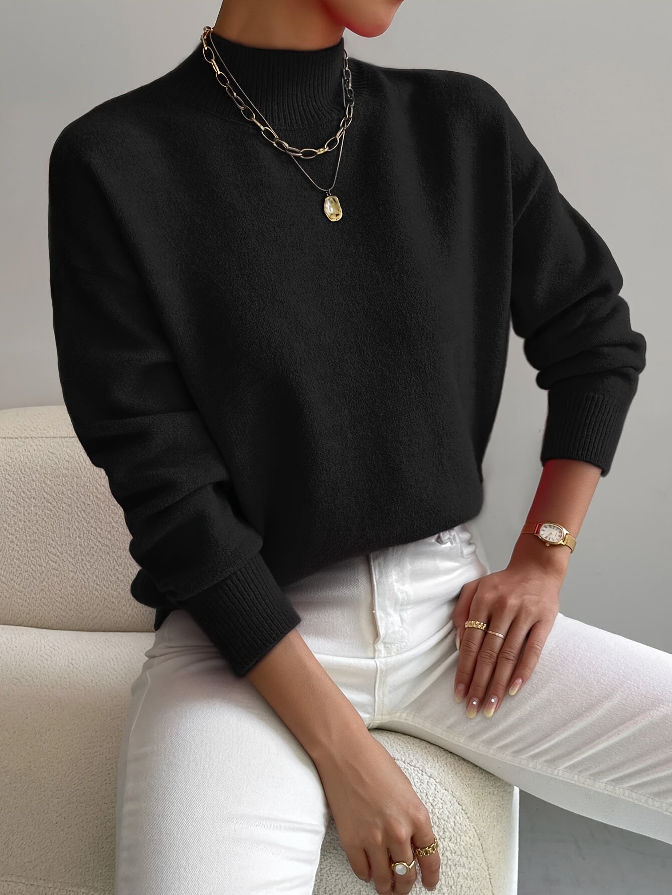 Mock Neck Long Sleeve Relaxed Fit Sweater For Women