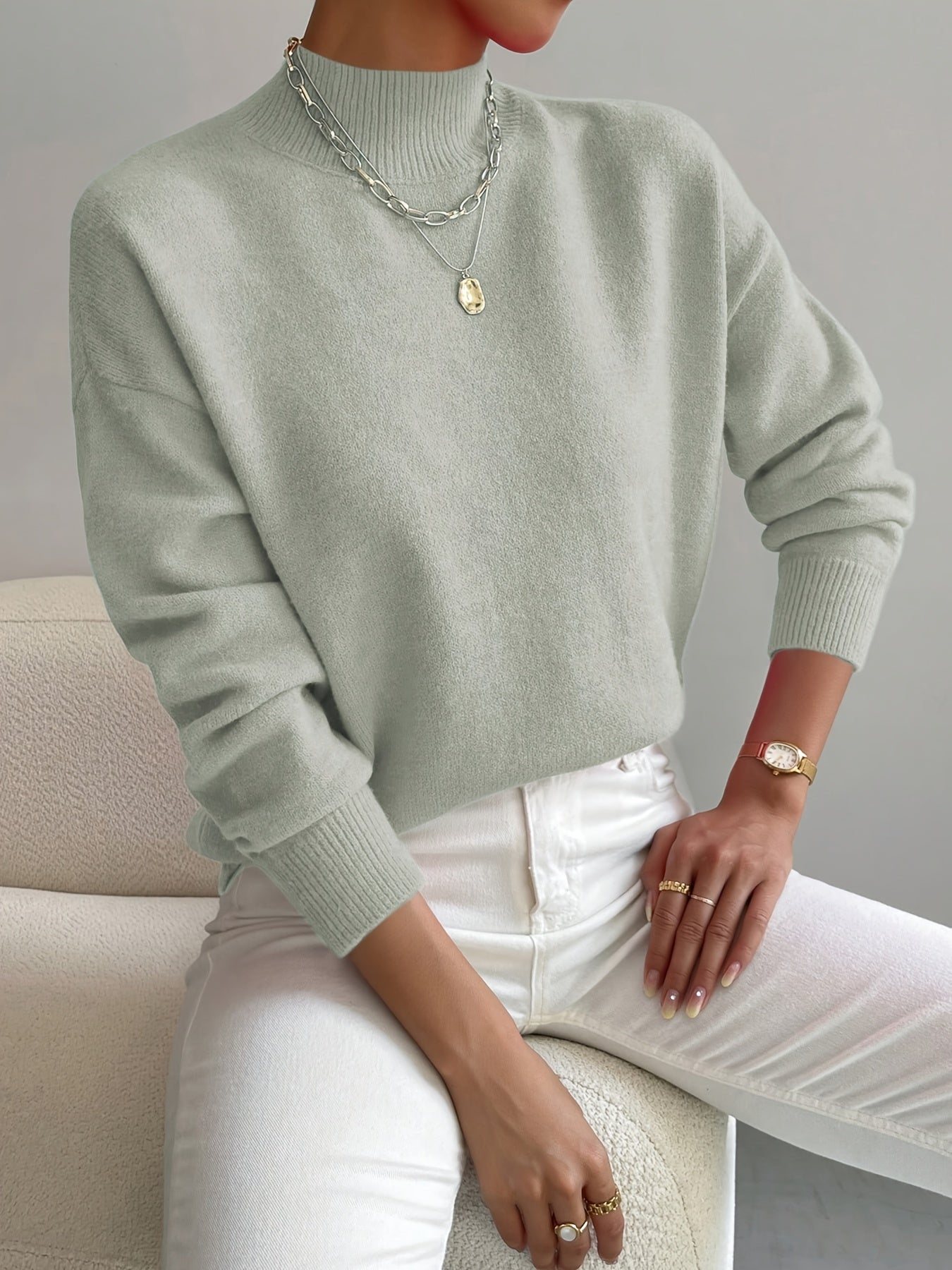 Mock Neck Long Sleeve Relaxed Fit Sweater For Women