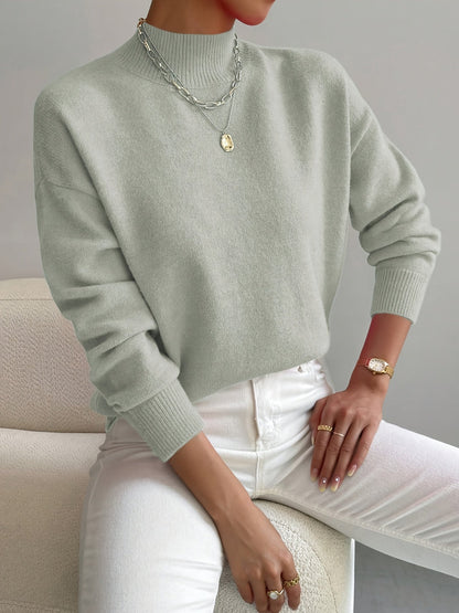 Mock Neck Long Sleeve Relaxed Fit Sweater For Women