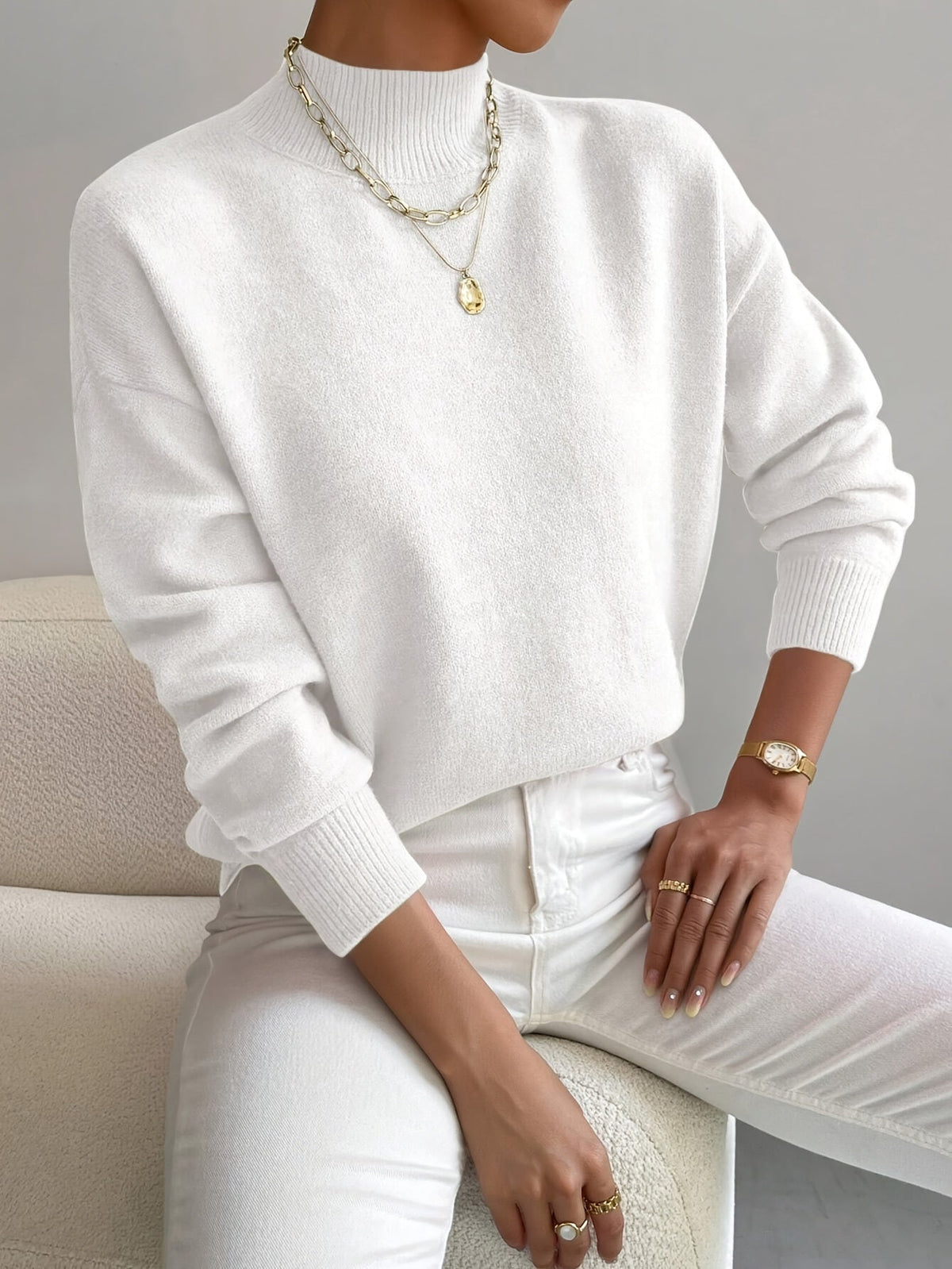 Mock Neck Long Sleeve Relaxed Fit Sweater For Women