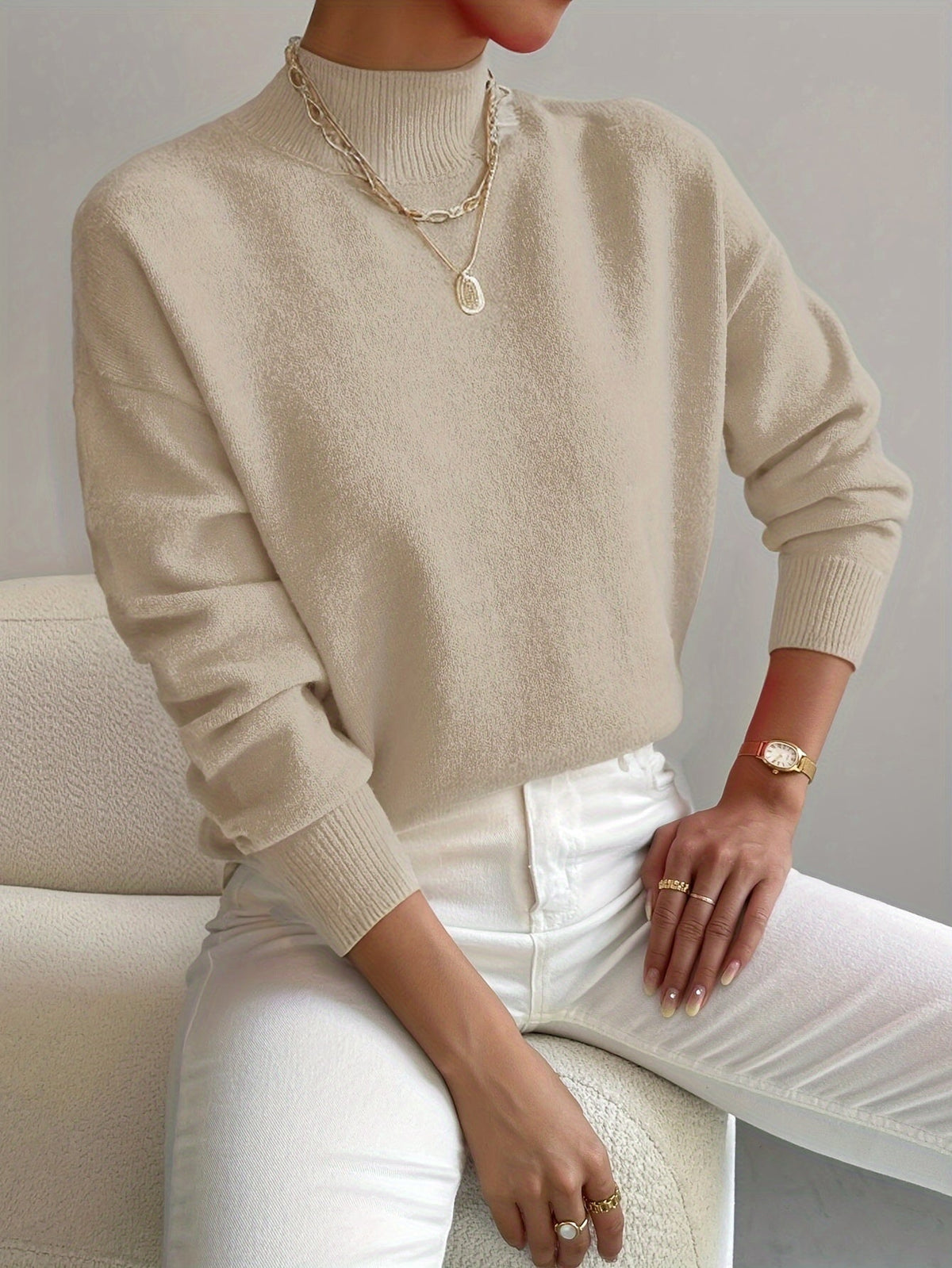 Mock Neck Long Sleeve Relaxed Fit Sweater For Women