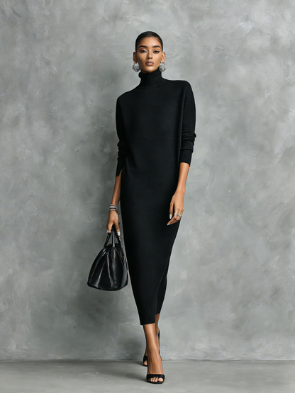 Turtleneck Long Sleeve Pocket Side Slit Dress
