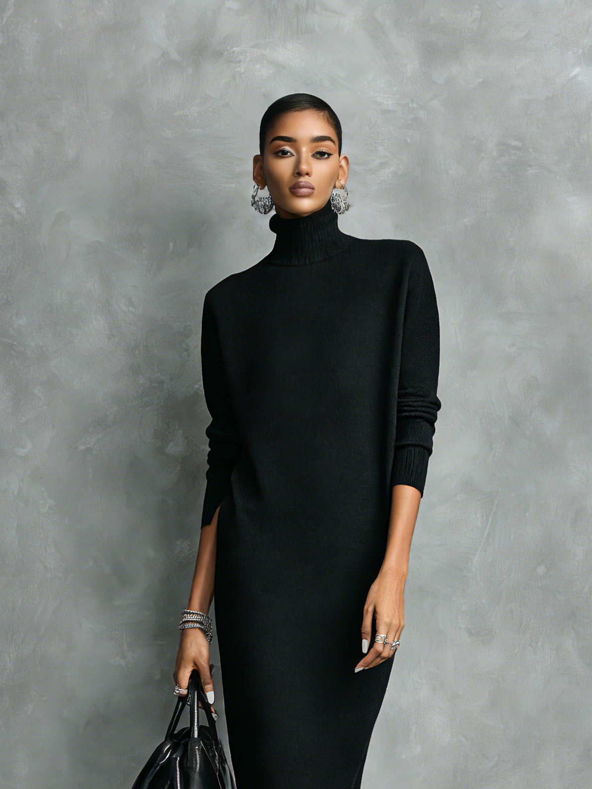 Turtleneck Long Sleeve Pocket Side Slit Dress