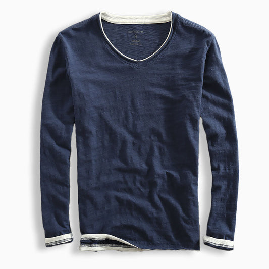 Long Sleeved V Neck Slubbed Standard Sleeve Shirt