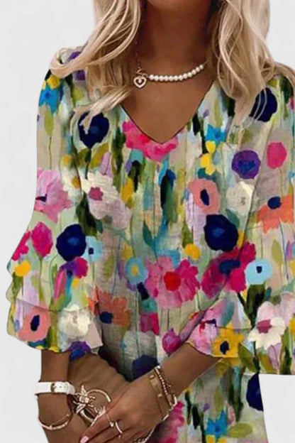 V Neck Floral Tiered Sleeve Mini Dress
