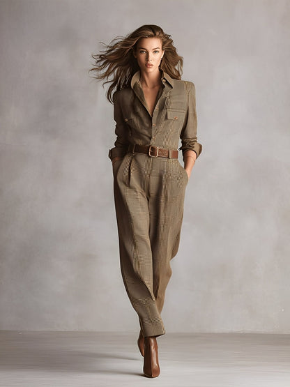 Plaid Collar Button Long Sleeve Pocketed Jumpsuit
