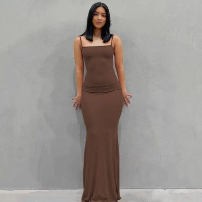 Square Neck Spaghetti Strap Fitted Maxi Dress