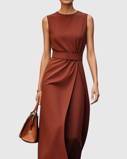 Plain Fitted Sleeveless Cinched Overlaid Flared Dress
