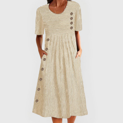 Short Sleeve Scoop Neck Striped Button Accent Dress Midi