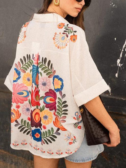 Button Front Collared Printed Blouse