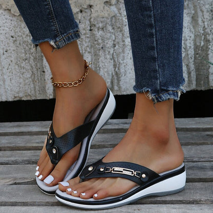 Open Backless Thong Wedge Perforated Grooved Sandals