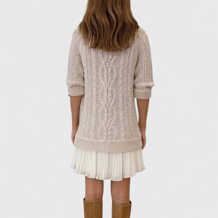 Crew Neck Long Sleeve Cable Knit Mini Sweater Dress