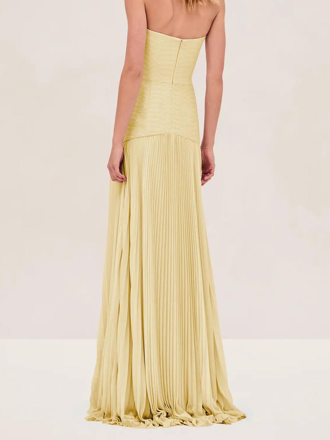 Strapless Fitted Curved Pleated Long Solid Dress