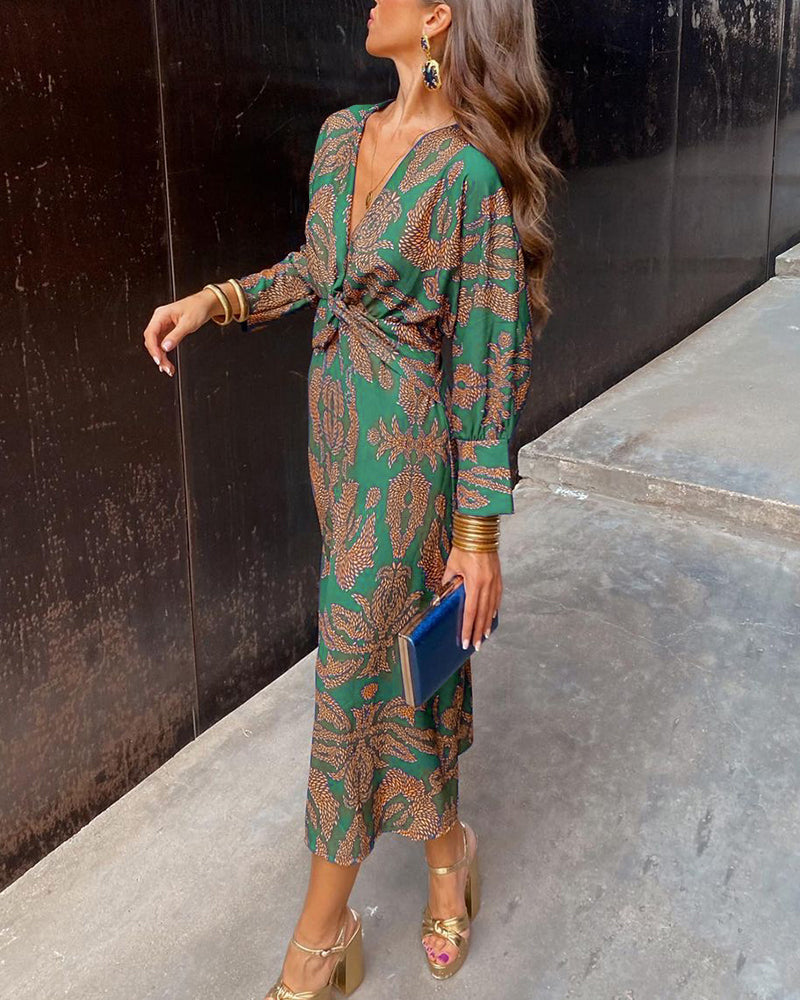 Knotted Plunging Printed Midi Dress