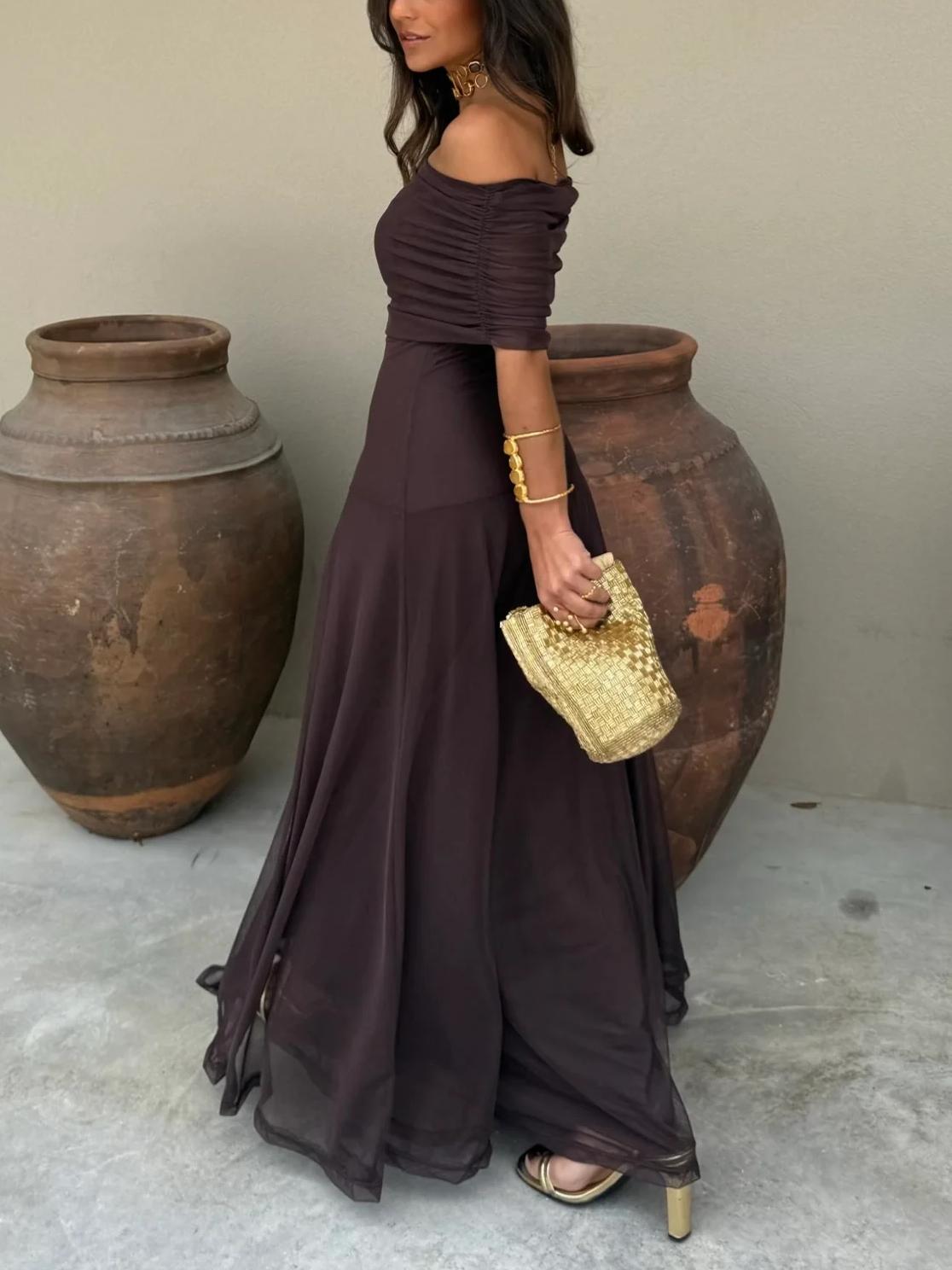 Off Shoulder Ruched Foldover Maxi Dress