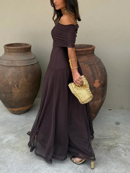 Off Shoulder Ruched Foldover Maxi Dress