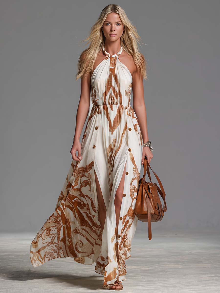 Halter Printed Sleeveless Buttoned Gathered Maxi Dress