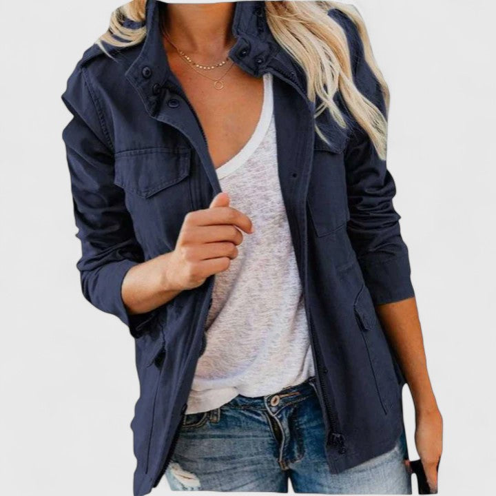 Collared Zippered Pocketed Gathered Cuffed Long Jacket