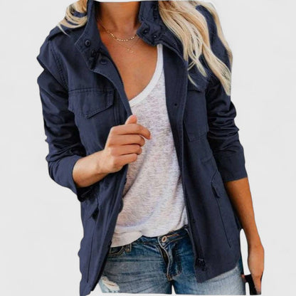 Collared Zippered Pocketed Gathered Cuffed Long Jacket