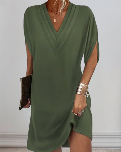 Pleated V-Neck Dress - Short