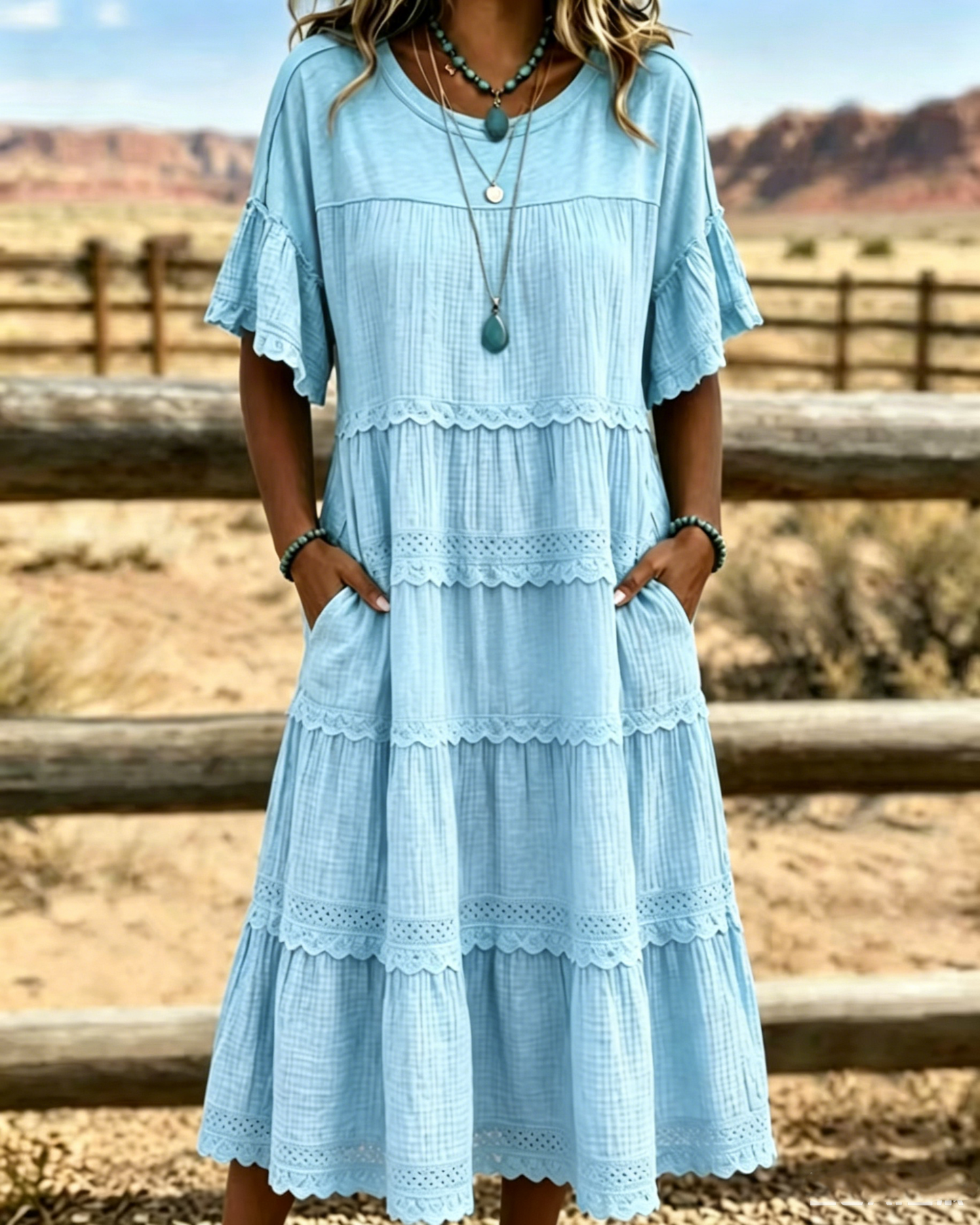 Tiered Scalloped Gathered Pocketed Flared Textured Dress