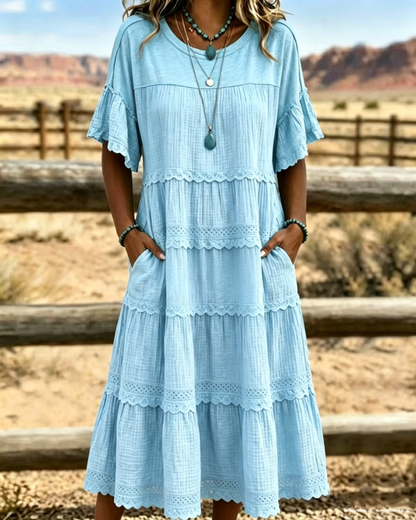 Tiered Scalloped Gathered Pocketed Flared Textured Dress