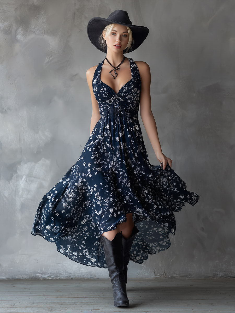Halter Floral Sleeveless Ruched Fitted Asymmetrical Dress