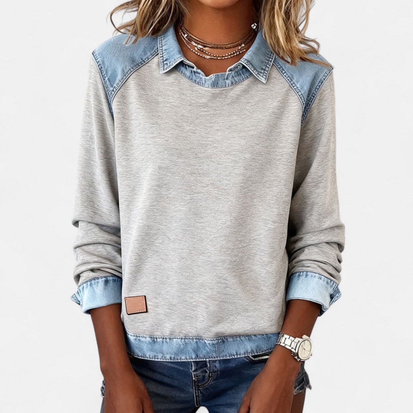 Women's Point Collar Long Sleeve Colorblock Sweatshirt