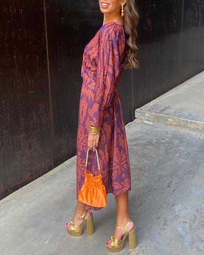 Knotted Plunging Printed Midi Dress