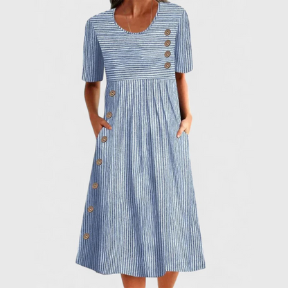 Short Sleeve Scoop Neck Striped Button Accent Dress Midi