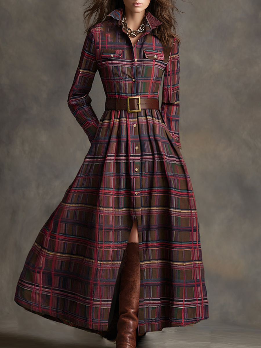 Collared Long Sleeved Plaid Pocketed Maxi Dress